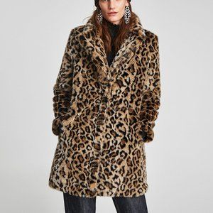 Zara Leopard Print Fuzzy Faux Fur Coat